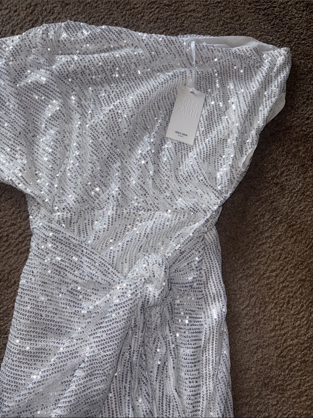 Grace Karin Silver-Trim White Sequin Wrap Dress